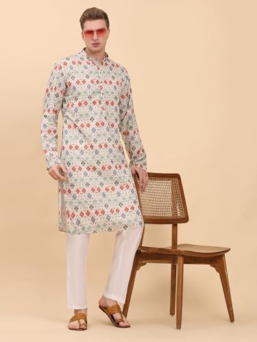 Mens Indian Traditional Cotton Kurta Sets, Men Printed Kurta Set Indian Wedding Dress (A-124)3