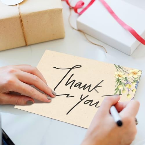 Image of Spiareal 100 Pcs Blank Note Cards Index Card, Kraft Paper, 4 x 6 in, Floral | Kraft Cardstock with Eucalyptus Design, Envelopes Included, For Thank You Cards, Weddings, Baby Showers, Office DIY