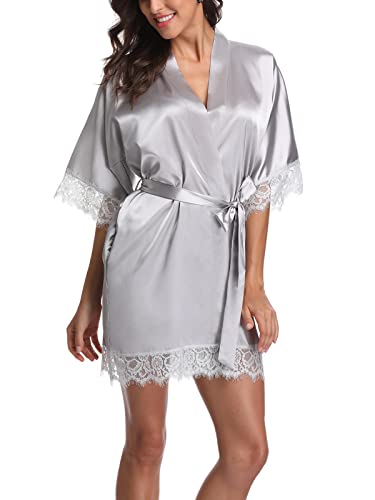 Women's Satin Robes Short Kimono Robe Bride Bridesmaid Robe Pure Color Bathrobe Silky Sleepwear With Lace Trim #TOP1