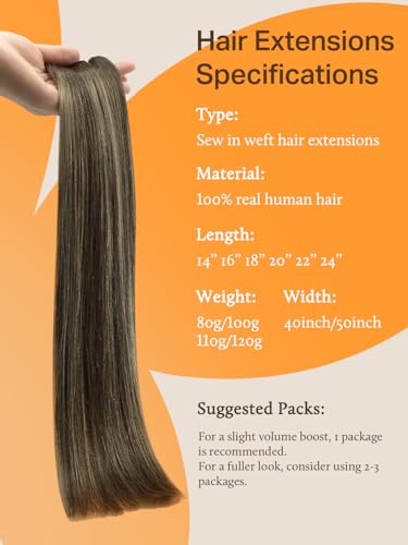 Image of DOORES Human Hair Extensions, Chocolate Brown to Honey Blonde 16 Inch 80g, Sew in Human Hair Extensions Natural Hair Thickness Sew in Weft Hair Straight Weave Weft
