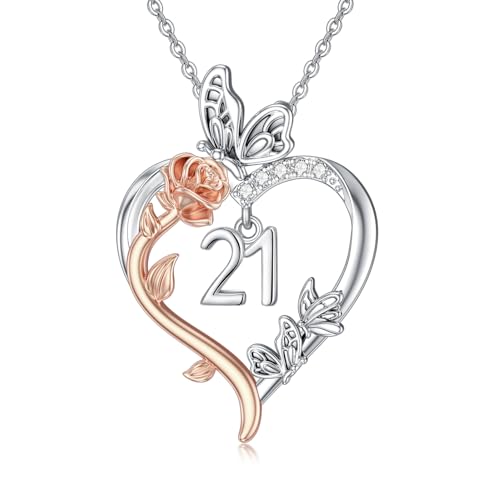 TOUPOP 21th Birthday Gifts Rose Heart Pendant Necklace Sterling Silver