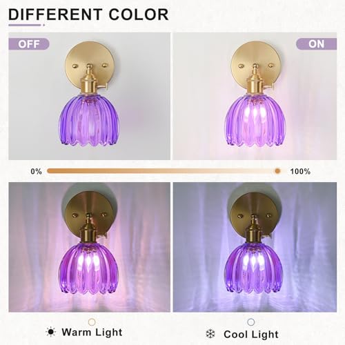 Image of Wall Sconces Set of Two Hardwired, Vintage Sconce Light with Tulip Purple Glass Lampshade, Bathroom Wall Lights with Switch, Gold Wall Light Sconces Wall Decor Set of 2