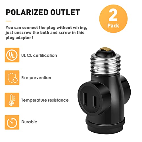 Onite 2Pcs E26 Light Bulb Socket To 2 Polarized Outlet Adapter For Retrofitting Garage Porch Light Shop Closet Led String Light, Christmas Lights, Security Cameras, Handy Socket Plugs #TOP1