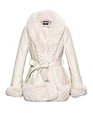 GRAN ORIENTE Faux Leather Jacket for Women with Faux Fur Collar Long Sleeve Fuzzy Parka Overcoat with Warm Trimmed Winter Peplum Coat Belted (GK007 Beige 2XL)