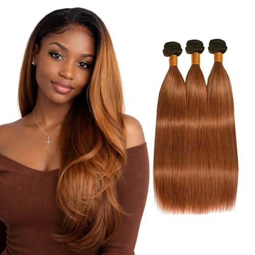 Light Brown Human Hair Bundles Straight 14 16 18 Inch Brazilian Virgin Hair Double Weft Wet and Wavy No Tangle Hair Extensions for Black Women 3 Bundles