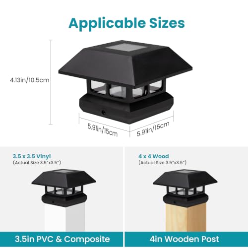 QUICDEER Solar Post Cap Lights for 4x4 & 3.5x3.5 Posts, 2 Pack Solar Powered Fence Lights, IP65 Waterproof Outdoor Deck Lights, Black， for Fence, Deck, Yard, Patio by QUICDEER - Used condition - Image 5