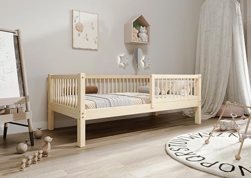 TIMBEE - Alfi - Kinderbett 80x160 cm - Bett Holz Unlackiert - Einzelbett für Kinder mit Lattenrost und Rausfallschutz Abnehmbar - Hohe Beine - Belastbar bis 100 kg - aus Kiefernholz Klasse 1