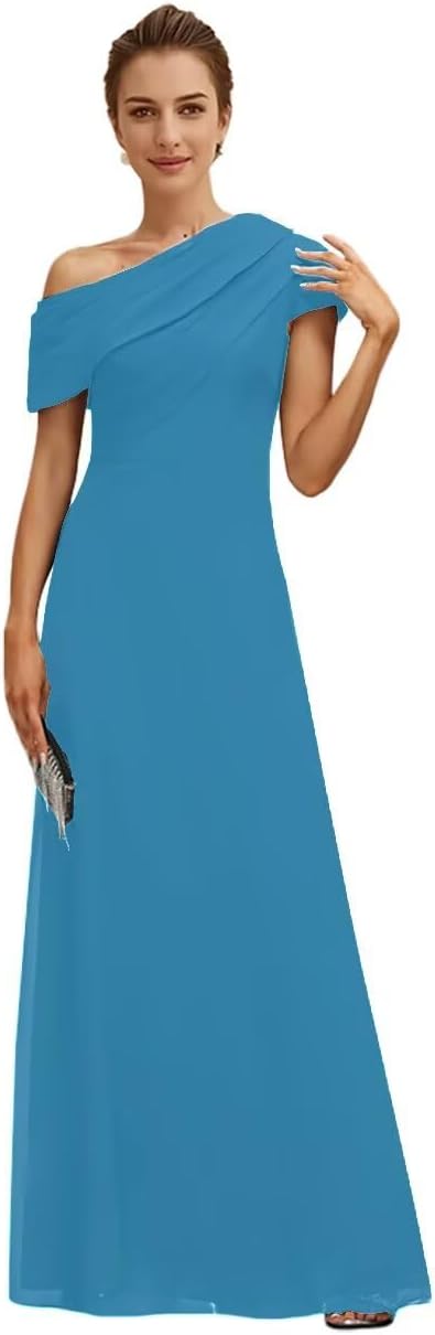 Mother of The Bride Dresses Pleated A-line One Shoulder Floor Length Chiffon Short Sleeves Long Formal Evening Gowns