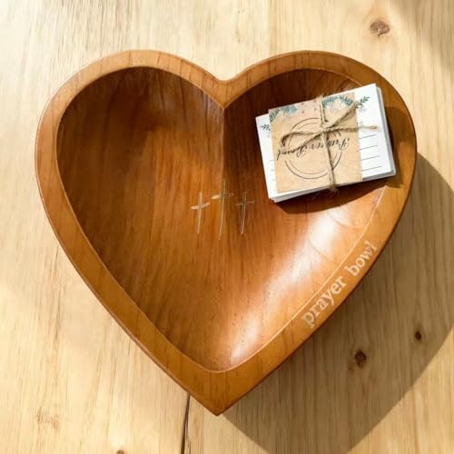 JimZePong Heart Prayer Bowl with 24 Cards, Christian Heart Shaped Wooden Dough Bowl...
