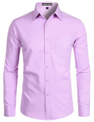 PARKLEES Men's Long Sleeve Dress Shirt Solid Slim Fit Casual Business Formal Button Up Shirts with Pocket Light Purple L