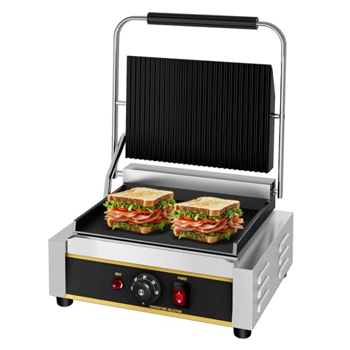 MOOTACO Electric Panini Press Grill, Commercial Sandwich Maker With a Grooved Plate,Non-Stick Contact Sandwich Press Grill,Professional Press Griddle for Steak,Hamburgers,50-300 ° C,2200W