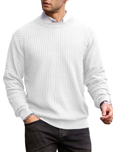Zaitun Men's Crew Neck Jumper Waffle Knitted Sweater Warm Long Sleeve Pullover Casual Business Jumpers Winter White