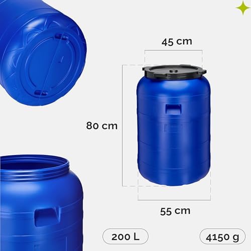 Bild 1 - 200 Liter Weithalsfass BPA-frei Futtertonne Fass Universalfass Lebensmittel Fass Regenfass für Garten Regentonne mit Deckel Regenwassertonne für Garten Wassertonne GD-0093, Blau