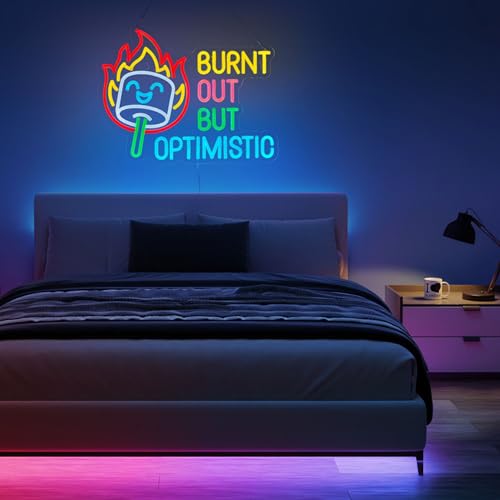 Image of Burnt Out But Optimistic Neon Sign Marshmallow Decorations Positive Affirmation LED Light for Wall Decor