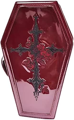 Retro Gothic Leather Make Up Bag Punk Coffin Handbags For Women Red Patent Leather Cross Rose Embroidered Cosmetic Bag Suitcase