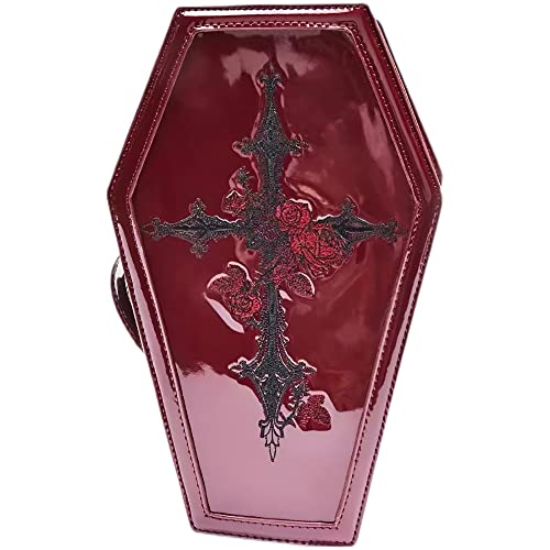 Retro Gothic Leather Make Up Bag Punk Coffin Handbags For Women Red Patent Leather Cross Rose Embroidered Cosmetic Bag Suitcase #TOP29