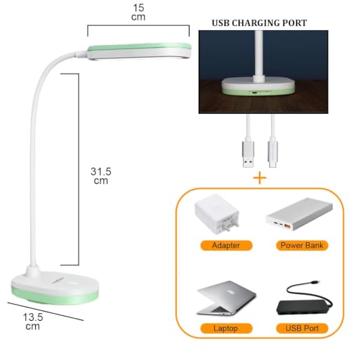Image of fizzytech 360 Flexible LED Desk Lamp with USB Charging & Night Light - Touch Control Adjustable Desk Light for Reading, Studying, Office & Home Use (Green)