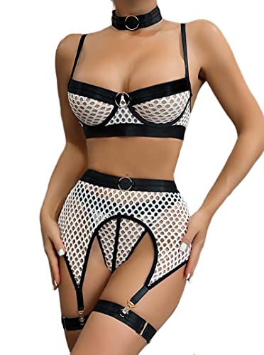 Dewinya Womens 5Pc Fishnet Lingerie Sets - Choker, Underwire Bra, Hight Waisted Garter Skirt, Thong, Leg Straps, White, Large #TOP2