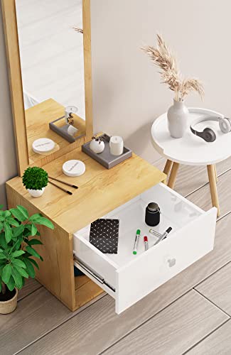 Image of Bniture Wooden Dressing Table for Bedroom with 1 Drawer, Mirror and Huge Storage Space | Long Dresser Vanity Table with Mirror (42D x 60W x 180H CM) (Giant Wood & Frosty White, HXDR105)