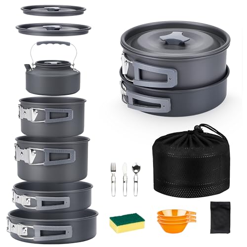 Alocs 12pcs Camping Cookware Camp Kitchen Set with Kettle, Aluminum Camping Cooking Set Backpacking Gear for Hiking,Traveling,Climbing and Picnic