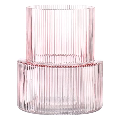 KAYLETIN rosa glasvas, ribbade vaser för blommor, blomvas för tulpaner, räfflade moderna vaser för vardagsrum, matsal, sovrum, hylla, bröllop, kontor, soffbord, födelsedag, 19 cm