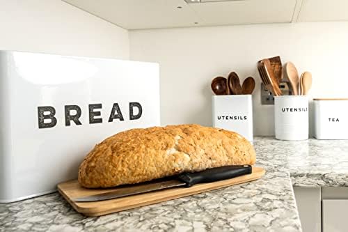 Large Vertical Bread Bin with Eco Bamboo Cutting Board Lid White