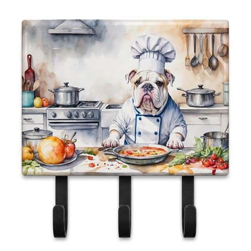 Caroline's Treasures English Bulldog The Chef Leash or Key Holder Wall Hooks, Key Hooks Holder, Coat Rack Wall Mount, Coat Hooks, Hooks for Hanging Keys, Towels, Aprons, Leashes