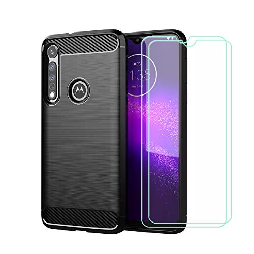 DQG Funda para Motorola One Macro, Fibra de Carbono Carcasa TPU Suave + 2 Piezas Protector de Pantalla Templado Film Caso Carbon Fiber Case para Motorola One Macro (6.20') - Negro