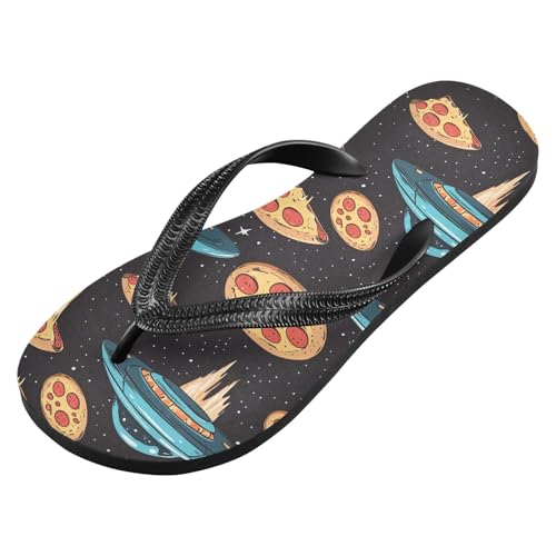 ALAZA Cute Spaceships Astronaut Pizza Flip Flops for Women Fashion Beach Slippers Comfort Mens Flip Flops Non-Slip Rubber Shower Slippers Sandal for Hotel Travel Sport,XS2