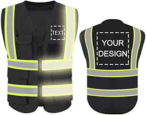 YOWESHOP High Visibility Reflective Safety Vest Customize Logo With 5 Pockets Hi Vis Vest Outdoor Protective Workwear (Black - green webbing (L))