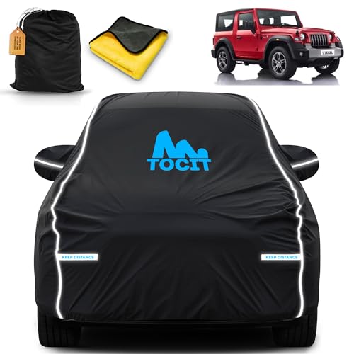 Image of Thar 3-Door Waterproof Long Life Car Cover with Safety Glow Reflective Strap, Premium Stretchable Velvet Velour Fabric, Machine Washable, Tri-Stitch Custom Fit with Mirror Pocket