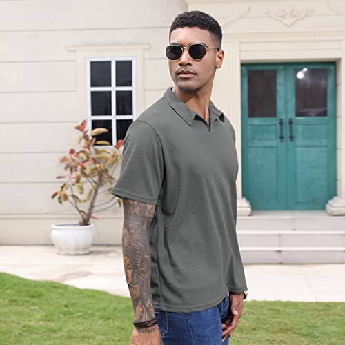 Lexiart Men's Fashion Waffle Polo Shirt Short Sleeve Basic Design Solid V Neck Regular Fit Golf Casual Tee Army Green #TOP3
