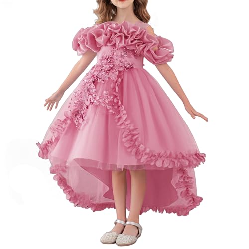 Zvzio Girls Princess Dress Birthday Party Pageant Gown - Ruffle Tulle Satin Princess Dresses with Kids Train Dusty Rose