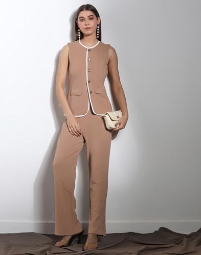 Image of Selvia Women's Sleeveless Button West Top with Straight Pants, Chic Formal Co-Ord Set