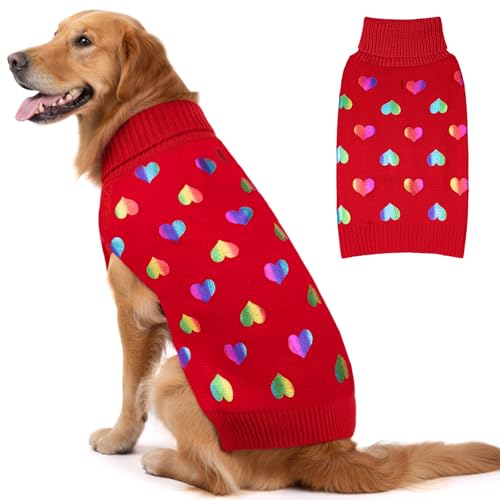 KYEESE Valentines Dog Sweater, Soft Large Dog Sweater with Heart Sequined Printing, Turtleneck Pet Sweaters for Large Dogs, Comfy Pet Sweaters Medium Size Dogs, Warm Pets Clothes with Leash Hole, 2XL
