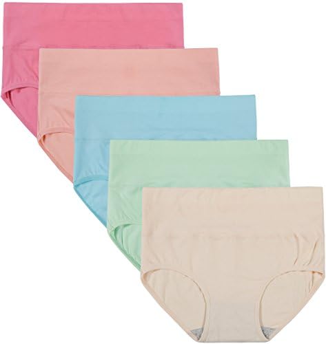 INNERSY Women's High Waisted Underwear Cotton Panties Regular & Plus Size 5-Pack(L,Macaroon)