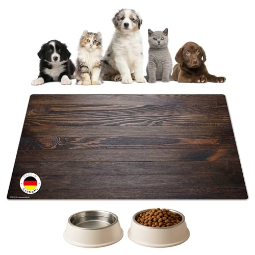 Napfunterlage | Futtermatte für Hunde und Katzen „Holzoptik Dunkelbraun“ aus Premium Vinyl - 60x40 cm – rutschhemmend, abwaschbar, reißfest - Made in Germany