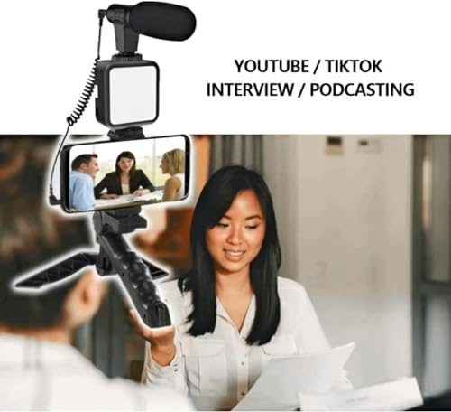 Image of Vlogging Studio kits, Mobile Phone Holder + Hand Grip /Mini Tripod Compatible with Smartphones for TikTok, Youtube, Live Streaming, Vlogging inchLike Me inch LED Video Light + Microphone