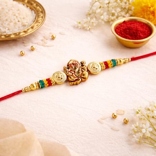 Image of JAIPUR ACE Designer Lord Ganesha Rakhi Bracelet with Multicolor Beads - Premium Gold Finish Raksha Bandhan Thread for Brother