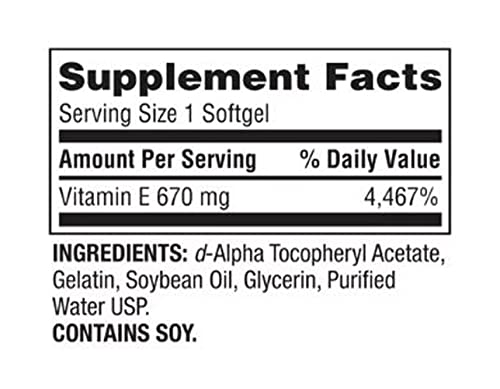 4 Top Care - Spring Valley Extra Strength Vitamin E D-Alpha Softgels Supplement, 670 Mg (1,000 Iu), 60 Count #TOP1