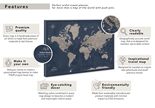 Travel Map With Pins World Personalized On Canvas | Premium Push Pin Travel Map | Black And White World Map In Various Color And Size Options | 24" X 32" Up To 40" X 53" #TOP6