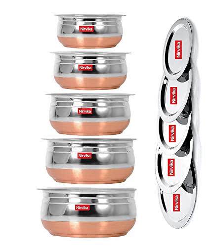 Generic Steel Handi Set 5 Piece Copper Bottom Milk Pot Pan/Biryani Tope/Punjabi Pateli/Tapeli/Cookware Set of 5 Pieces, EQS-MAR-192024-02