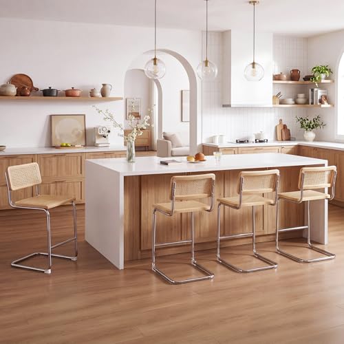 Image of Flouki Counter Stool Rattan Set of 2, Rattan Counter Height Stools with Wood Back, 24 Inch Modern Bar Stools, Mid Century Cantilever Counter Chairs for Kitchen Island, Chrome Legs