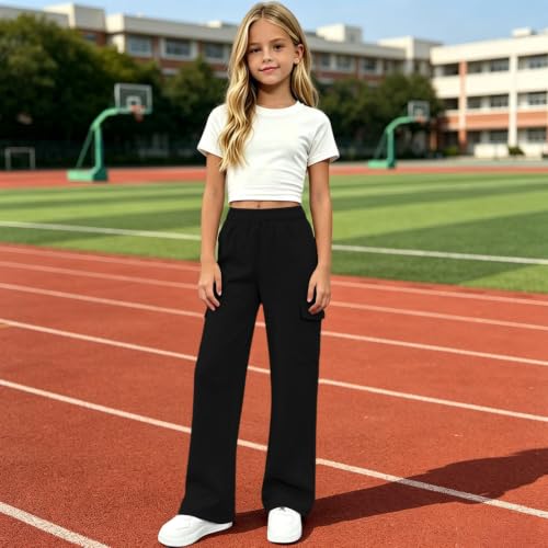 XINGJIAARTS Girls Cargo Pants Baggy Wide Leg Sweat Pants Athletic Joggers - image 3
