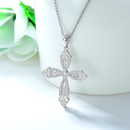 Cross Diamond Necklace Lab Grown Diamond Cross Necklace Sterling Silver Vintage Cross Necklace for Women Religious Cross Pendant Platinum Plated Silver (D Color, VVS Clarity)2