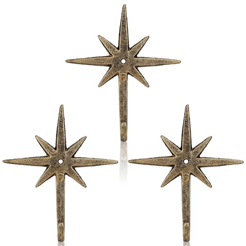 Otoolling 3 Pcs Cast Iron 8 Pointed Atomic Starburst Cute Wall Hooks Mid Century Star Hooks Modern Decor Easy Install Decorative Towel Hook for Coats Aprons Hats Vintage and Eclectic Decor