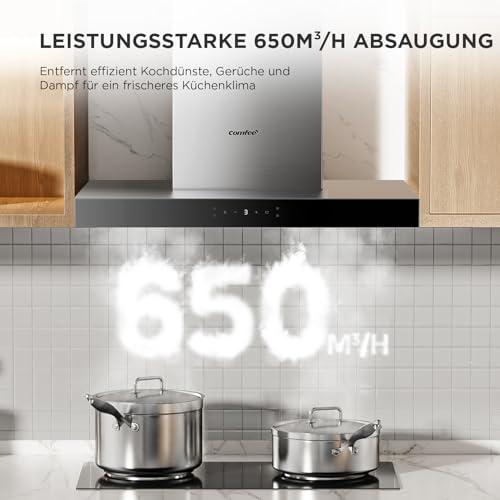 COMFEE' CHW 7.6M77A3 A+++ Dunstabzugshaube 60cm Umluft/Abluft, Abzugshaube mit 650m³/h Starker Saugleistung, 4 Geschwindigkeiten, Berührungssteuerung & Gestensteuerung, Wandhaube mit Aktivkohlefilter