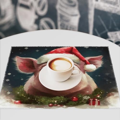 Sets de table carrés en toile imprimé cochon de Noël lavables - 8