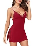 Lovasy Babydoll Lingerie for Women Side Slit Lace Chemise Nighties Nightdress,Wine Red,M