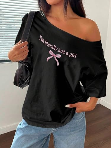 Image of SXV STYLE Women's Off Shoulder White T-Shirt with Pink Bow i am just a Girl Print